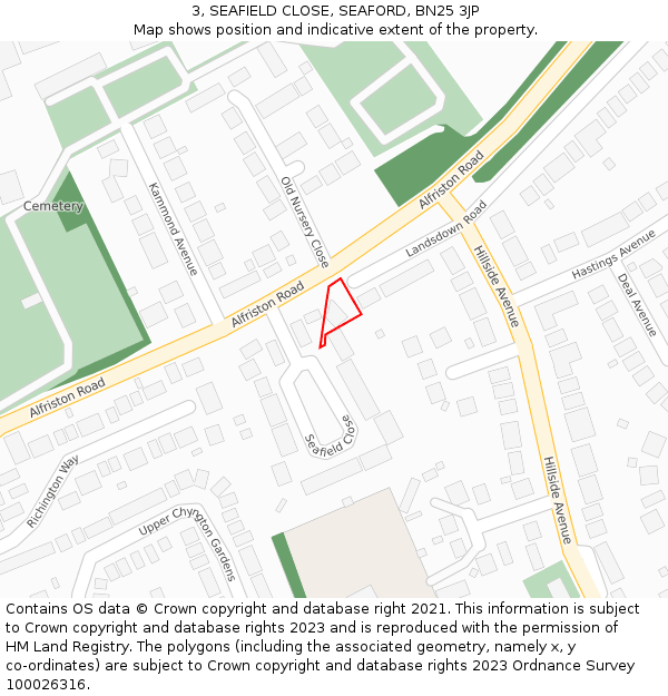 3, SEAFIELD CLOSE, SEAFORD, BN25 3JP: Location map and indicative extent of plot