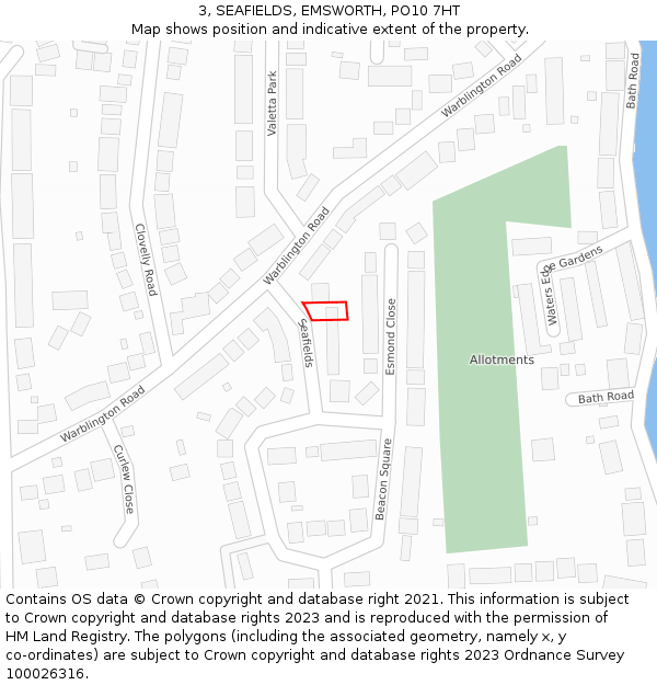 3, SEAFIELDS, EMSWORTH, PO10 7HT: Location map and indicative extent of plot