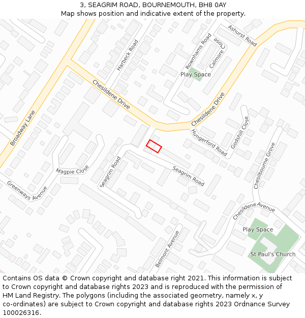 3, SEAGRIM ROAD, BOURNEMOUTH, BH8 0AY: Location map and indicative extent of plot