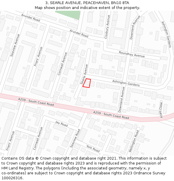 3, SEARLE AVENUE, PEACEHAVEN, BN10 8TA: Location map and indicative extent of plot