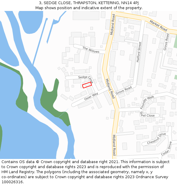 3, SEDGE CLOSE, THRAPSTON, KETTERING, NN14 4PJ: Location map and indicative extent of plot