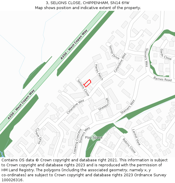 3, SELIONS CLOSE, CHIPPENHAM, SN14 6YW: Location map and indicative extent of plot