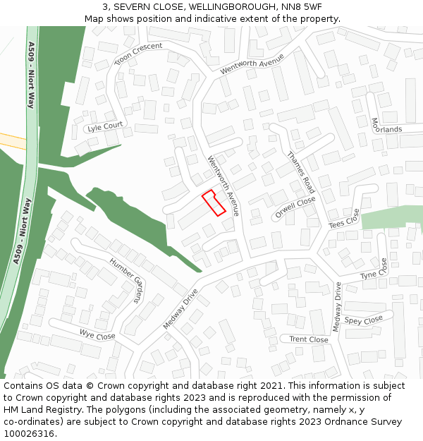 3, SEVERN CLOSE, WELLINGBOROUGH, NN8 5WF: Location map and indicative extent of plot