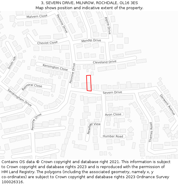 3, SEVERN DRIVE, MILNROW, ROCHDALE, OL16 3ES: Location map and indicative extent of plot