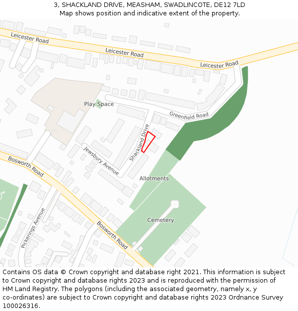 3, SHACKLAND DRIVE, MEASHAM, SWADLINCOTE, DE12 7LD: Location map and indicative extent of plot