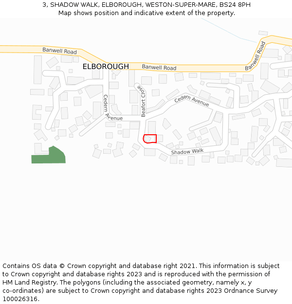 3, SHADOW WALK, ELBOROUGH, WESTON-SUPER-MARE, BS24 8PH: Location map and indicative extent of plot