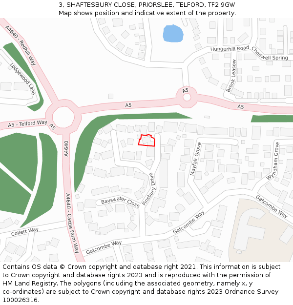 3, SHAFTESBURY CLOSE, PRIORSLEE, TELFORD, TF2 9GW: Location map and indicative extent of plot