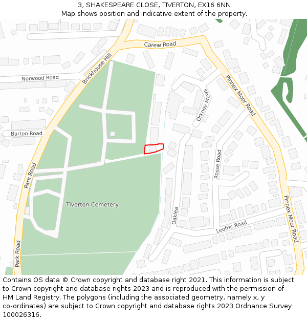 3, SHAKESPEARE CLOSE, TIVERTON, EX16 6NN: Location map and indicative extent of plot