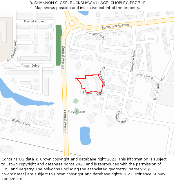 3, SHANNON CLOSE, BUCKSHAW VILLAGE, CHORLEY, PR7 7HF: Location map and indicative extent of plot