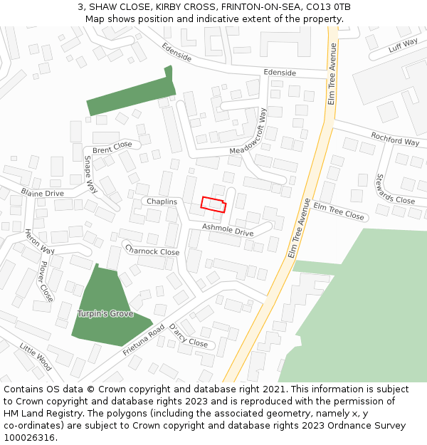 3, SHAW CLOSE, KIRBY CROSS, FRINTON-ON-SEA, CO13 0TB: Location map and indicative extent of plot