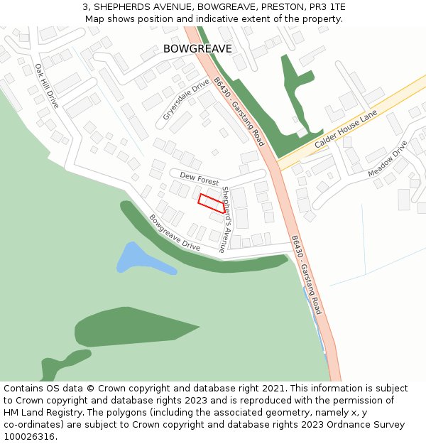 3, SHEPHERDS AVENUE, BOWGREAVE, PRESTON, PR3 1TE: Location map and indicative extent of plot