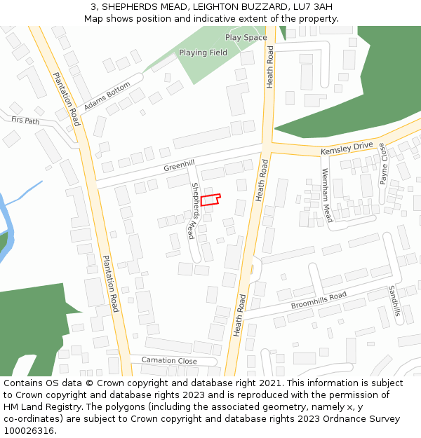 3, SHEPHERDS MEAD, LEIGHTON BUZZARD, LU7 3AH: Location map and indicative extent of plot
