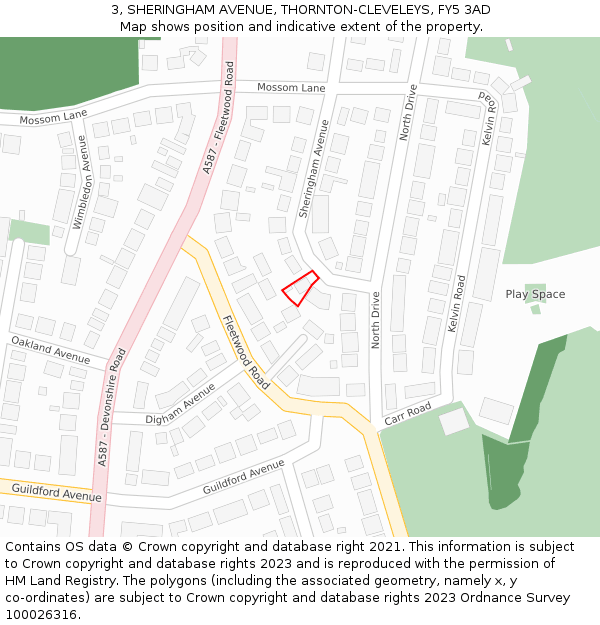 3, SHERINGHAM AVENUE, THORNTON-CLEVELEYS, FY5 3AD: Location map and indicative extent of plot