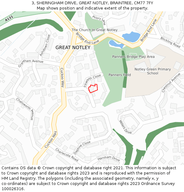 3, SHERINGHAM DRIVE, GREAT NOTLEY, BRAINTREE, CM77 7FY: Location map and indicative extent of plot