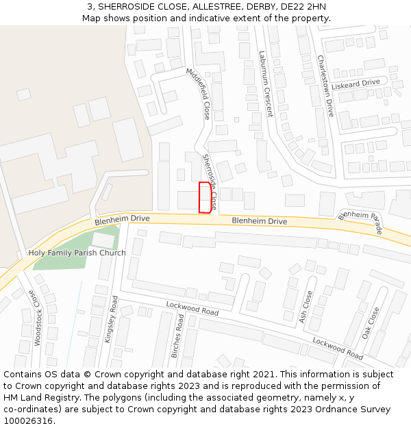 3, SHERROSIDE CLOSE, ALLESTREE, DERBY, DE22 2HN: Location map and indicative extent of plot