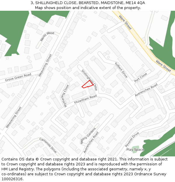 3, SHILLINGHELD CLOSE, BEARSTED, MAIDSTONE, ME14 4QA: Location map and indicative extent of plot