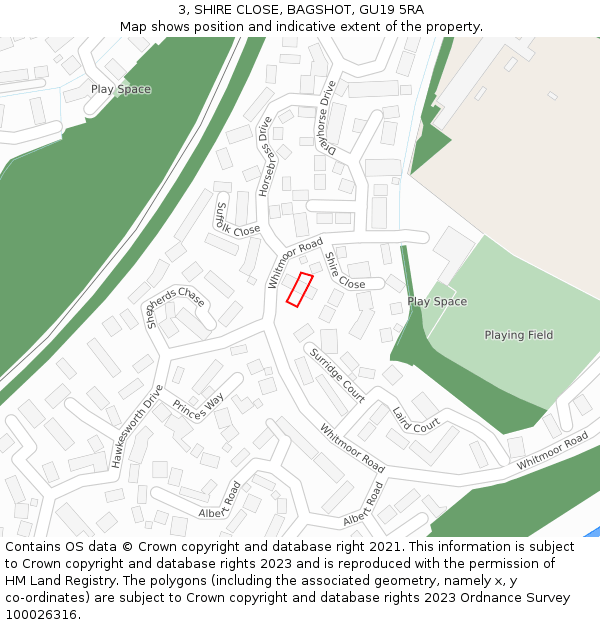 3, SHIRE CLOSE, BAGSHOT, GU19 5RA: Location map and indicative extent of plot