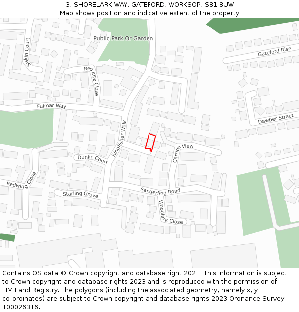 3, SHORELARK WAY, GATEFORD, WORKSOP, S81 8UW: Location map and indicative extent of plot