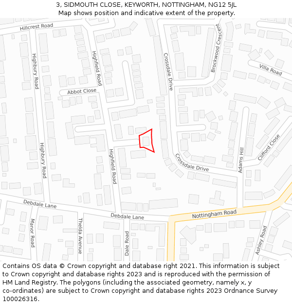 3, SIDMOUTH CLOSE, KEYWORTH, NOTTINGHAM, NG12 5JL: Location map and indicative extent of plot