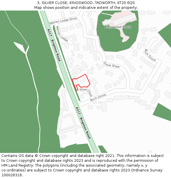 3, SILVER CLOSE, KINGSWOOD, TADWORTH, KT20 6QS: Location map and indicative extent of plot