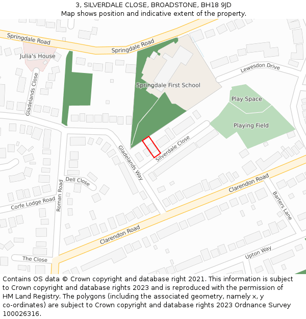 3, SILVERDALE CLOSE, BROADSTONE, BH18 9JD: Location map and indicative extent of plot