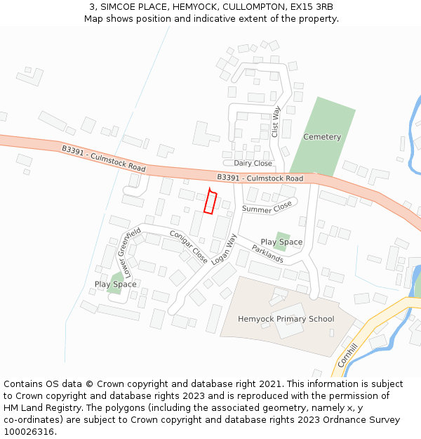 3, SIMCOE PLACE, HEMYOCK, CULLOMPTON, EX15 3RB: Location map and indicative extent of plot