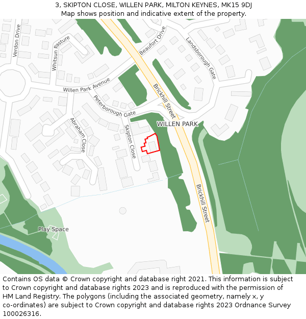 3, SKIPTON CLOSE, WILLEN PARK, MILTON KEYNES, MK15 9DJ: Location map and indicative extent of plot