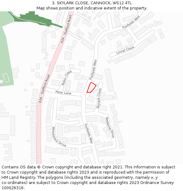 3, SKYLARK CLOSE, CANNOCK, WS12 4TL: Location map and indicative extent of plot