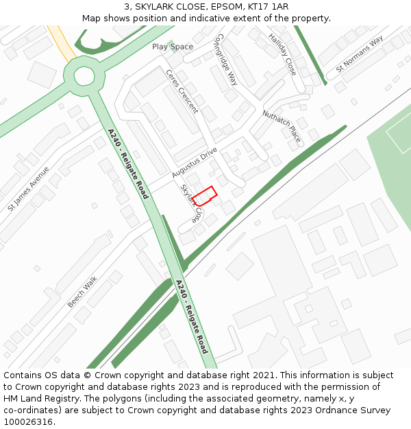 3, SKYLARK CLOSE, EPSOM, KT17 1AR: Location map and indicative extent of plot