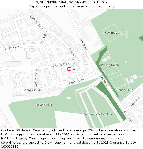 3, SLEDMORE DRIVE, SPENNYMOOR, DL16 7GP: Location map and indicative extent of plot