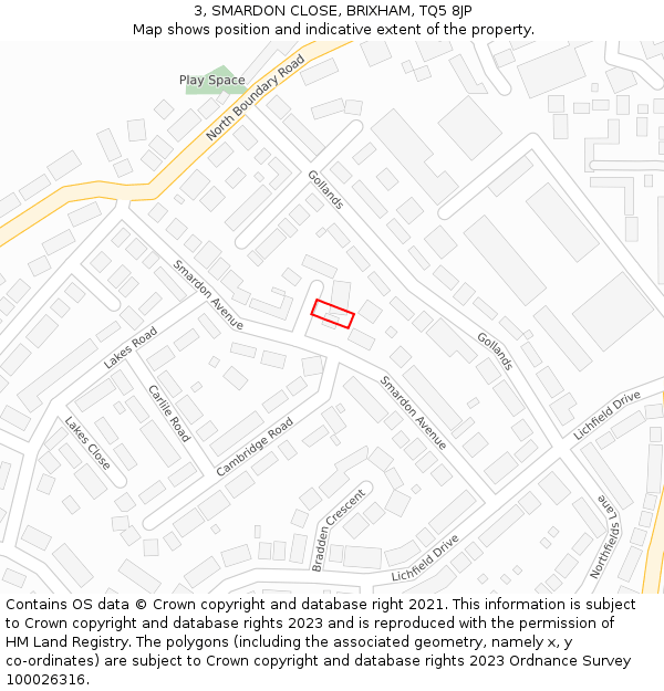 3, SMARDON CLOSE, BRIXHAM, TQ5 8JP: Location map and indicative extent of plot
