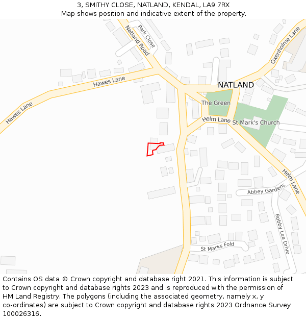 3, SMITHY CLOSE, NATLAND, KENDAL, LA9 7RX: Location map and indicative extent of plot