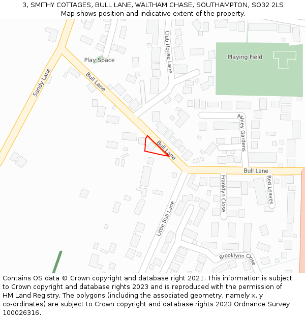 3, SMITHY COTTAGES, BULL LANE, WALTHAM CHASE, SOUTHAMPTON, SO32 2LS: Location map and indicative extent of plot
