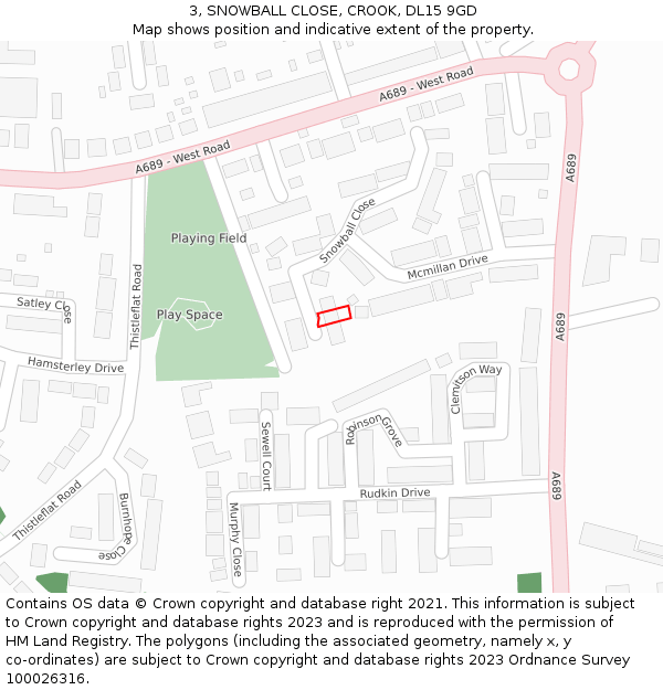 3, SNOWBALL CLOSE, CROOK, DL15 9GD: Location map and indicative extent of plot