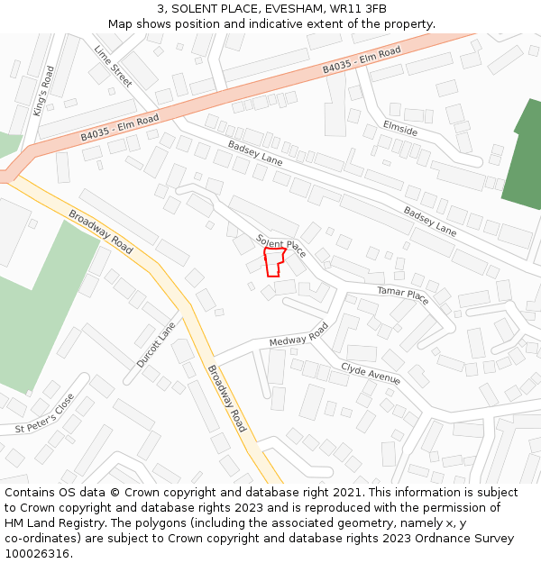 3, SOLENT PLACE, EVESHAM, WR11 3FB: Location map and indicative extent of plot