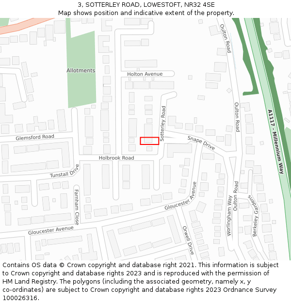 3, SOTTERLEY ROAD, LOWESTOFT, NR32 4SE: Location map and indicative extent of plot