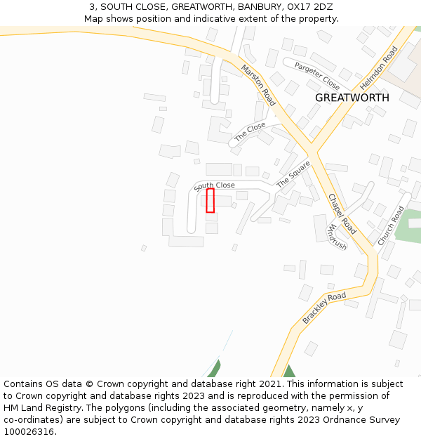 3, SOUTH CLOSE, GREATWORTH, BANBURY, OX17 2DZ: Location map and indicative extent of plot