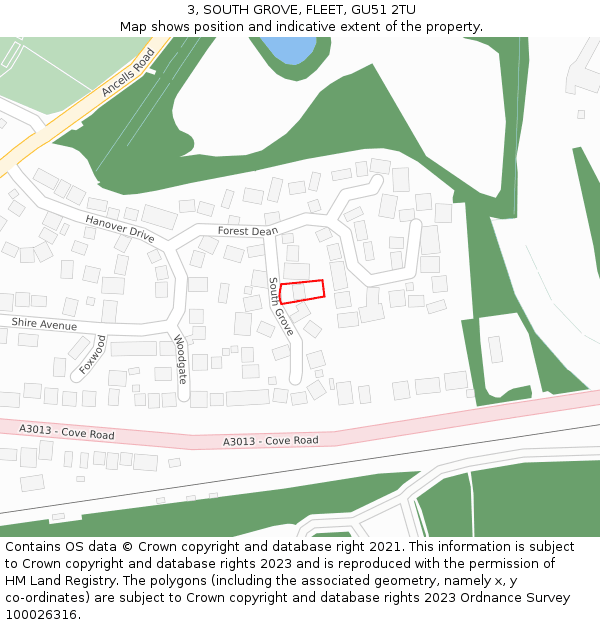 3, SOUTH GROVE, FLEET, GU51 2TU: Location map and indicative extent of plot