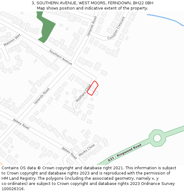 3, SOUTHERN AVENUE, WEST MOORS, FERNDOWN, BH22 0BH: Location map and indicative extent of plot