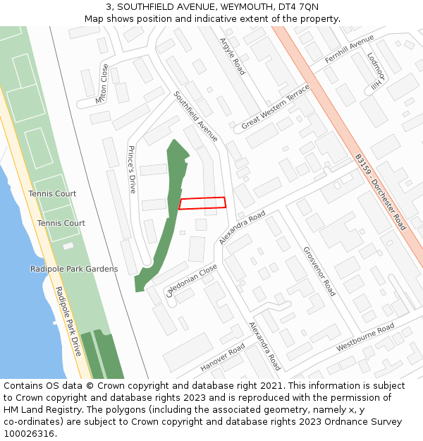 3, SOUTHFIELD AVENUE, WEYMOUTH, DT4 7QN: Location map and indicative extent of plot