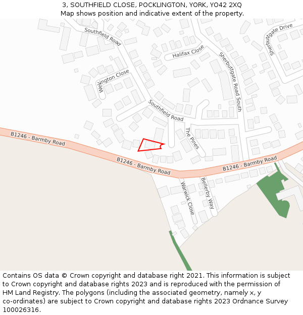 3, SOUTHFIELD CLOSE, POCKLINGTON, YORK, YO42 2XQ: Location map and indicative extent of plot