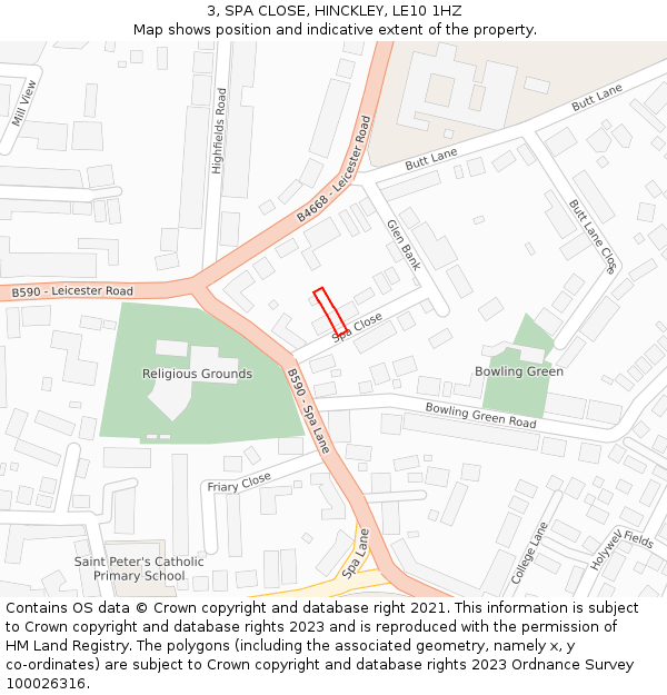 3, SPA CLOSE, HINCKLEY, LE10 1HZ: Location map and indicative extent of plot