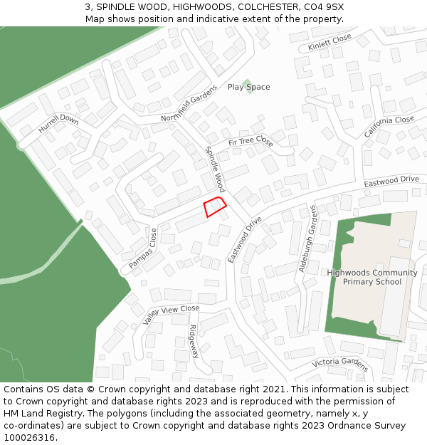 3, SPINDLE WOOD, HIGHWOODS, COLCHESTER, CO4 9SX: Location map and indicative extent of plot