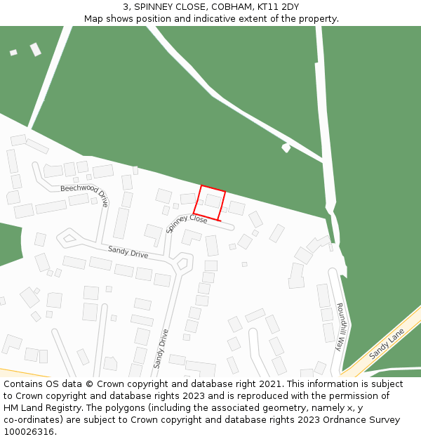 3, SPINNEY CLOSE, COBHAM, KT11 2DY: Location map and indicative extent of plot