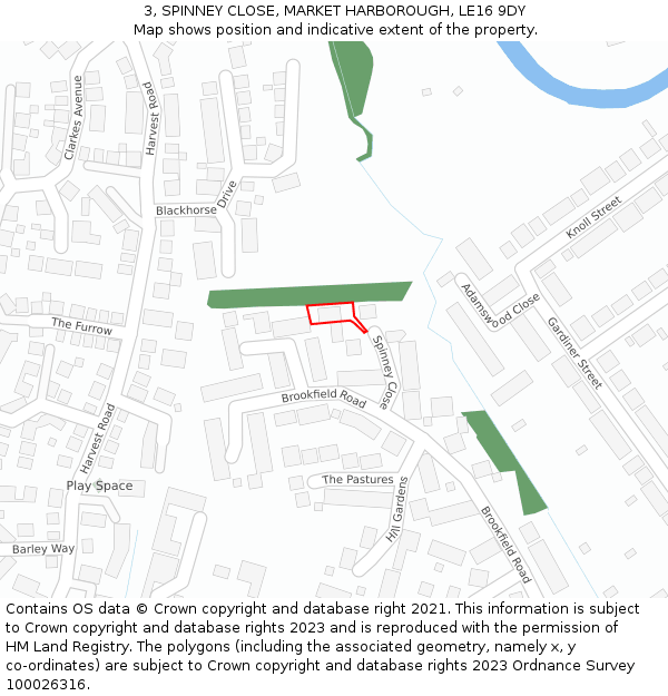 3, SPINNEY CLOSE, MARKET HARBOROUGH, LE16 9DY: Location map and indicative extent of plot