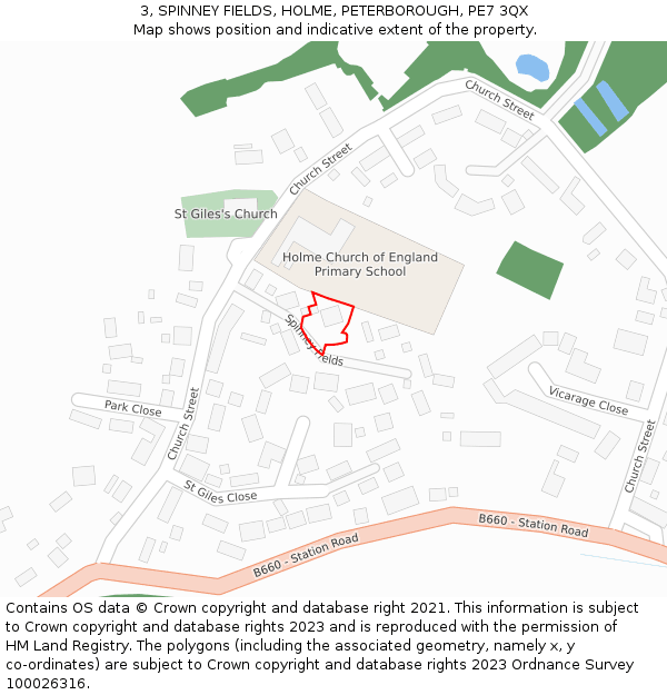 3, SPINNEY FIELDS, HOLME, PETERBOROUGH, PE7 3QX: Location map and indicative extent of plot