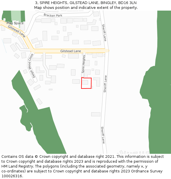 3, SPIRE HEIGHTS, GILSTEAD LANE, BINGLEY, BD16 3LN: Location map and indicative extent of plot