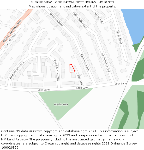 3, SPIRE VIEW, LONG EATON, NOTTINGHAM, NG10 3TD: Location map and indicative extent of plot