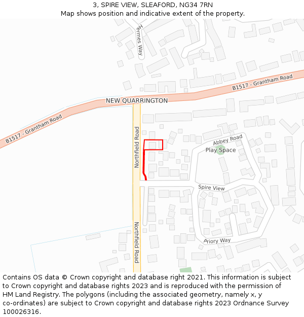3, SPIRE VIEW, SLEAFORD, NG34 7RN: Location map and indicative extent of plot