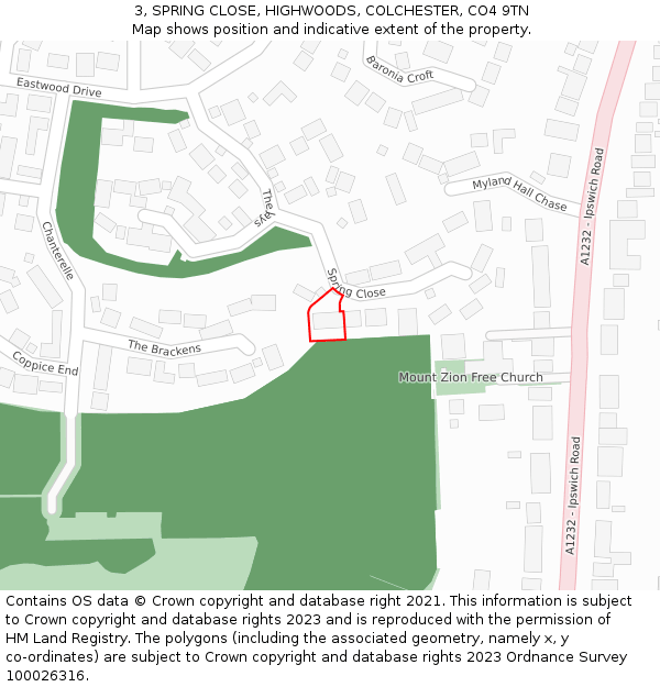 3, SPRING CLOSE, HIGHWOODS, COLCHESTER, CO4 9TN: Location map and indicative extent of plot